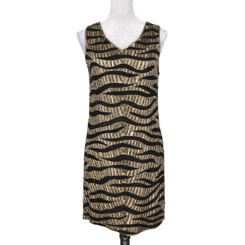 Beaded Drama Dress Womens 6 Black Gold Beads Silk Lined Back Zip Vtg Formal
